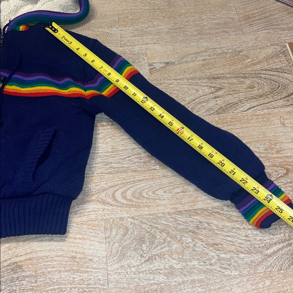 Vintage 60s 70s Navy blue Rainbow Hooded Sherpa lined Jacket Coat - Picture 7 of 8